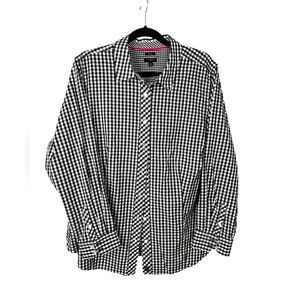 Talbots Non Iron Black Gingham Button front Top preppy office business 18W